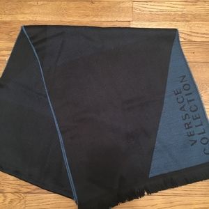 Versace Fringed Logo Black/Blue Scarf NWT